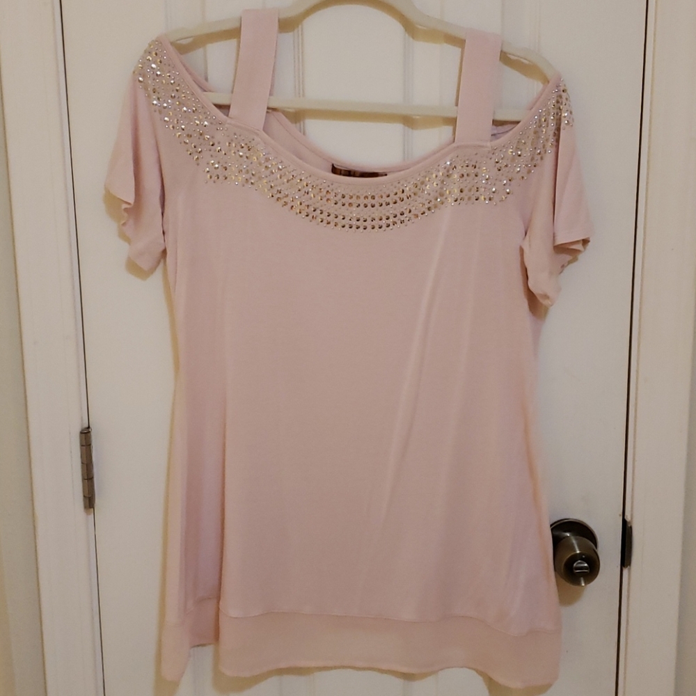Belldini Pale Pink Cold-Shoulder Top with Embellished Neckline
